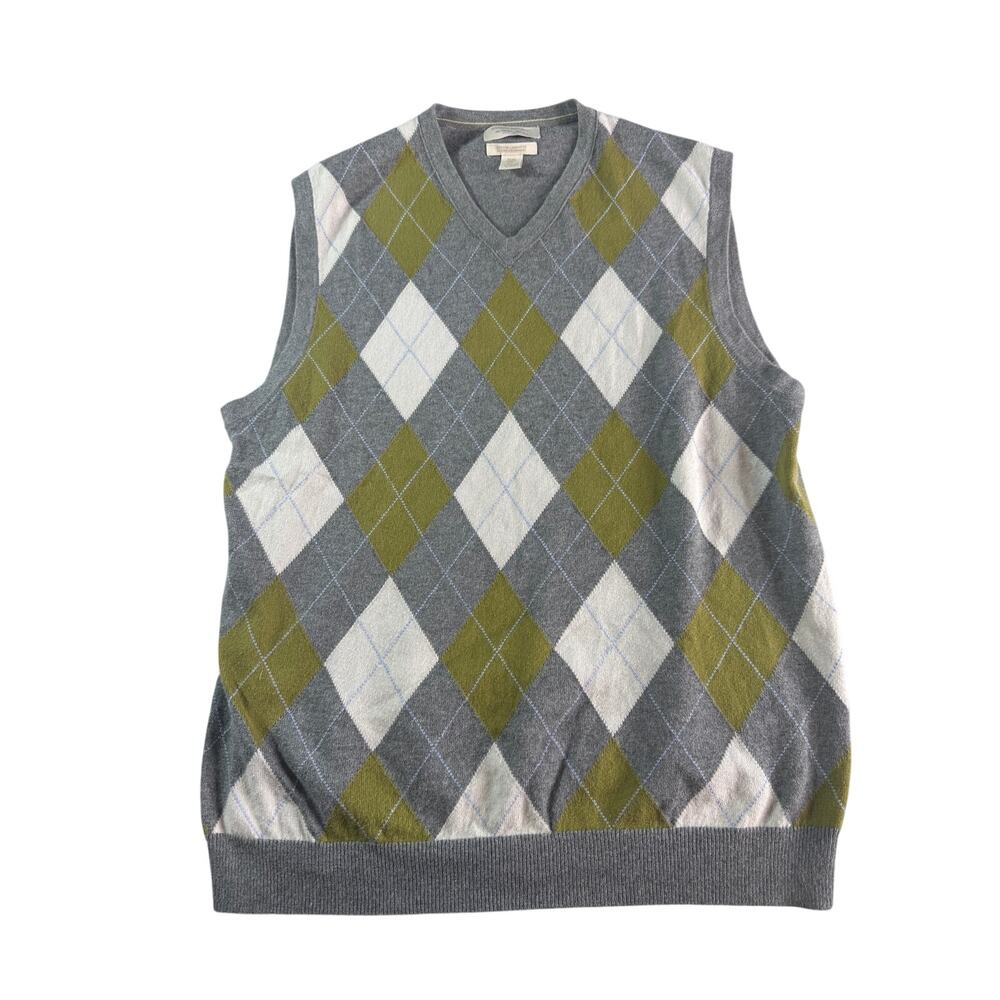 Banana Republic Argyle Sweater Vest Mens M Gray Green Cashmere Cotton Preppy
